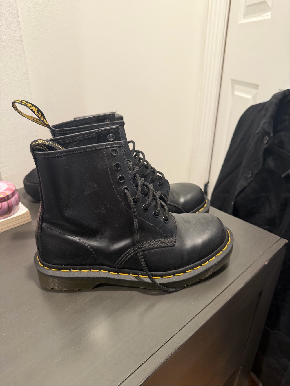 Doc Marten Black Leather Combat Boots with Yellow Stitching